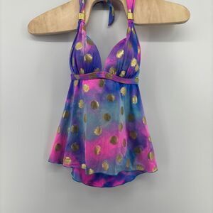 Venus Tankini Top Multicolor Women 8 Tie Dye Gold Polka Dot Halter Swimwear